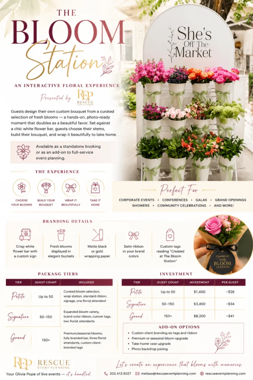 The Bloom Station flower bar displayed with rows of colorful fresh bouquets, soft greenery, and a hand-tied bouquet ready to take home.