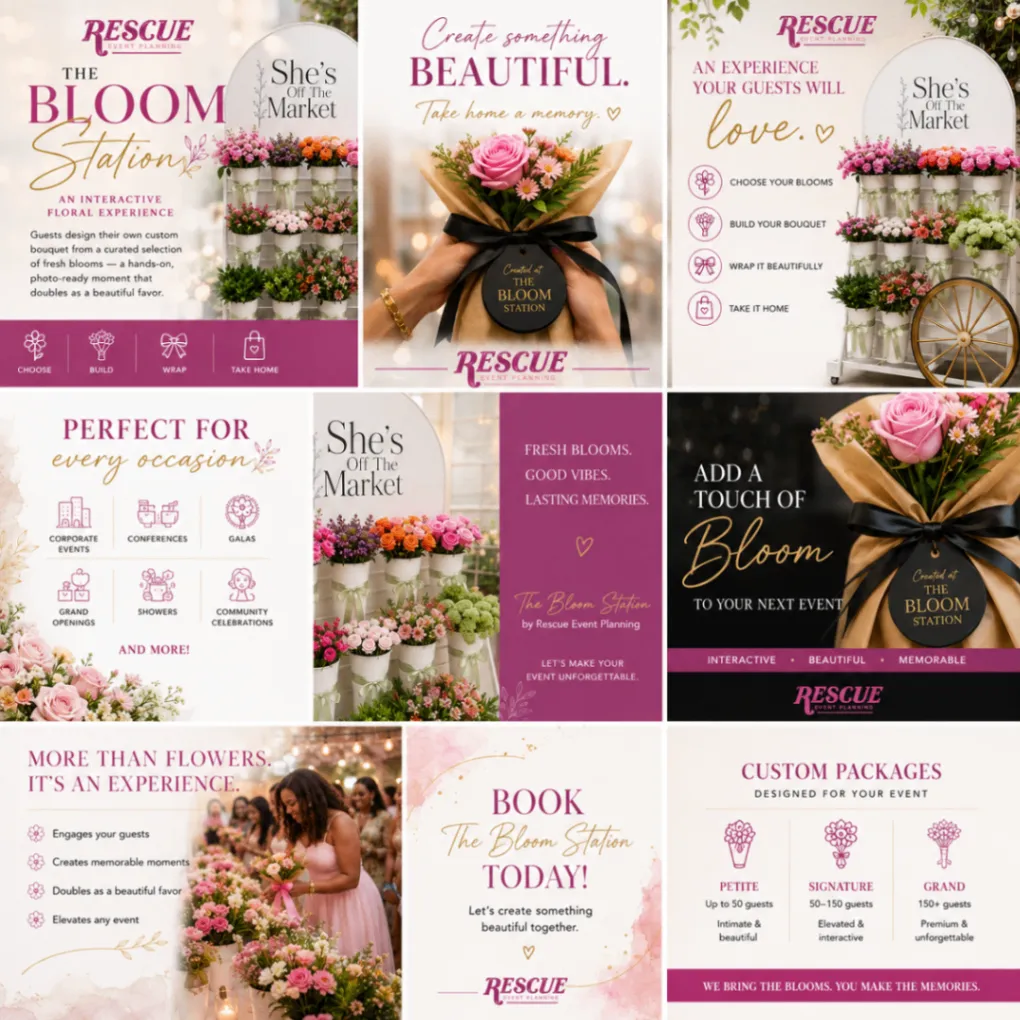Editorial collage for The Bloom Station showing the flower bar, hand-tied bouquets, guest experience, event occasions, and Petite, Signature, and Grand package tiers.