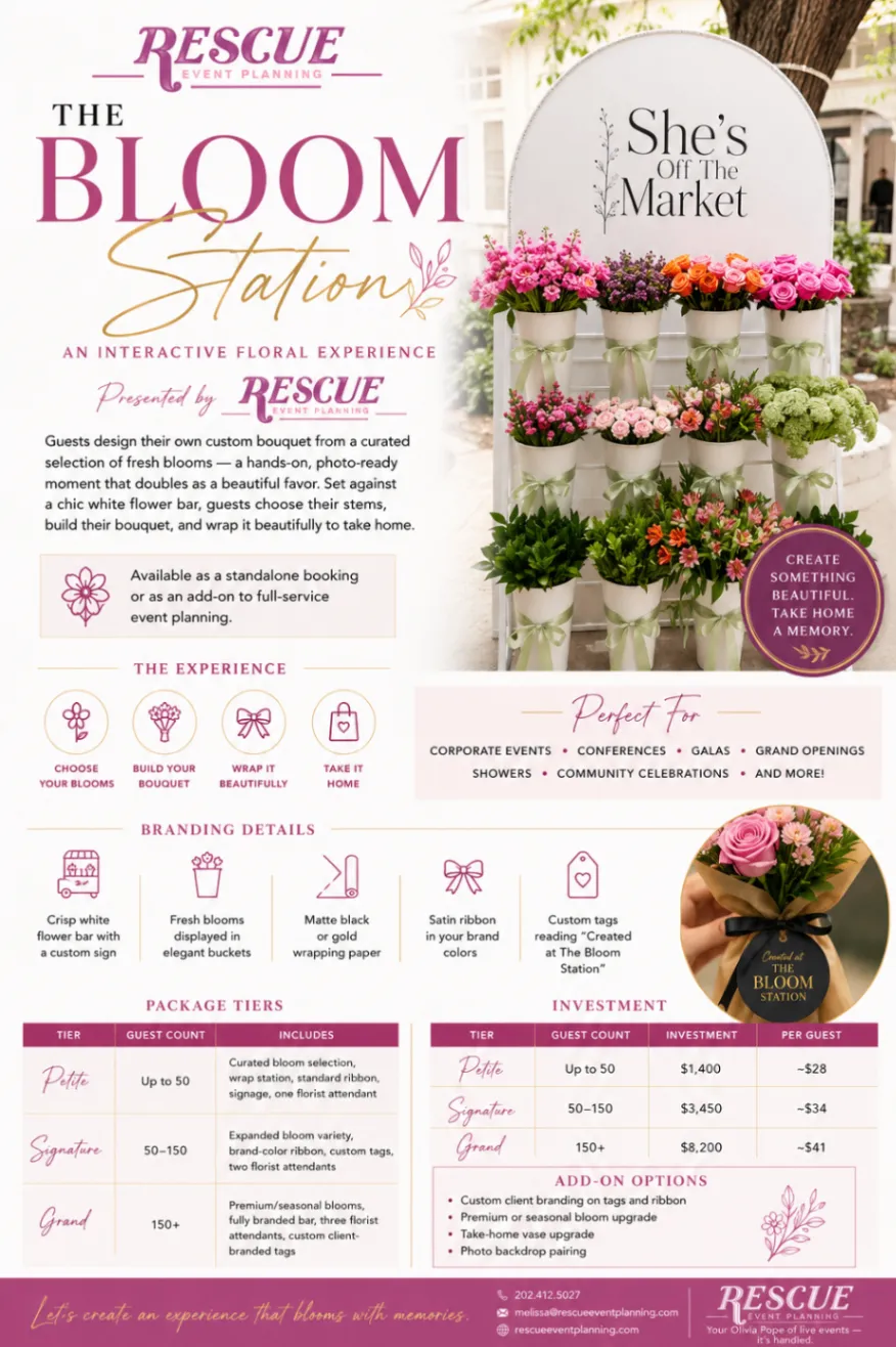 The Bloom Station by Rescue Event Planning overview showing a fresh flower bar, bouquet-making experience, event types, branding details, indicative package tiers, and inquiry contact information.